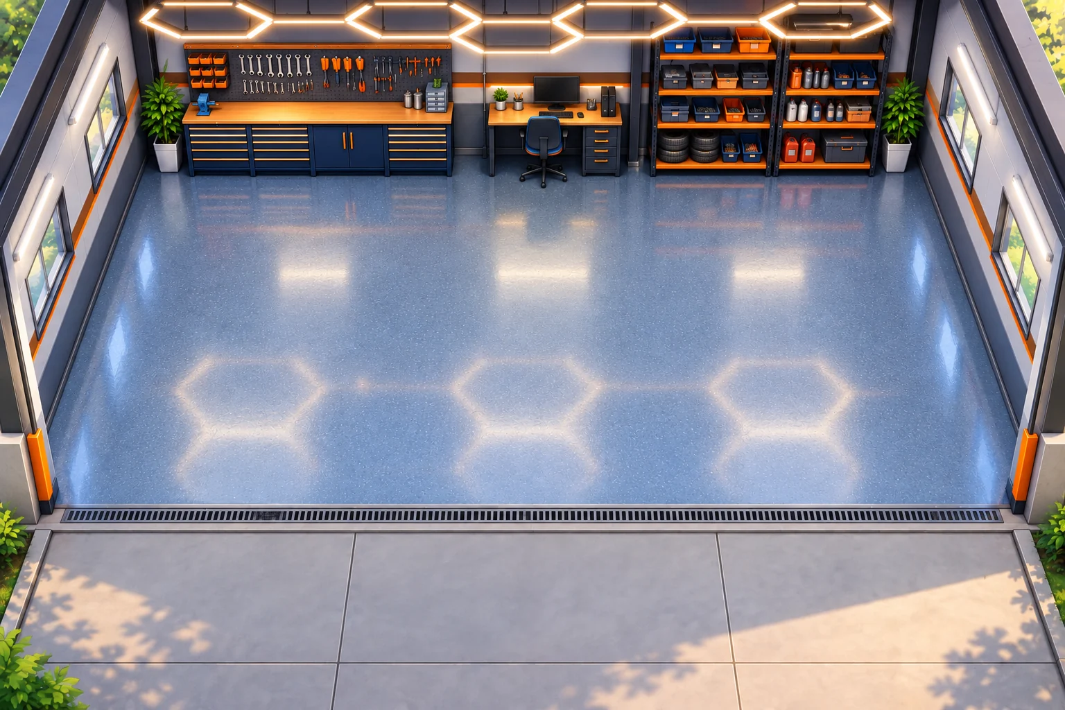 Garage Days workshop with hexagonal ceiling lights